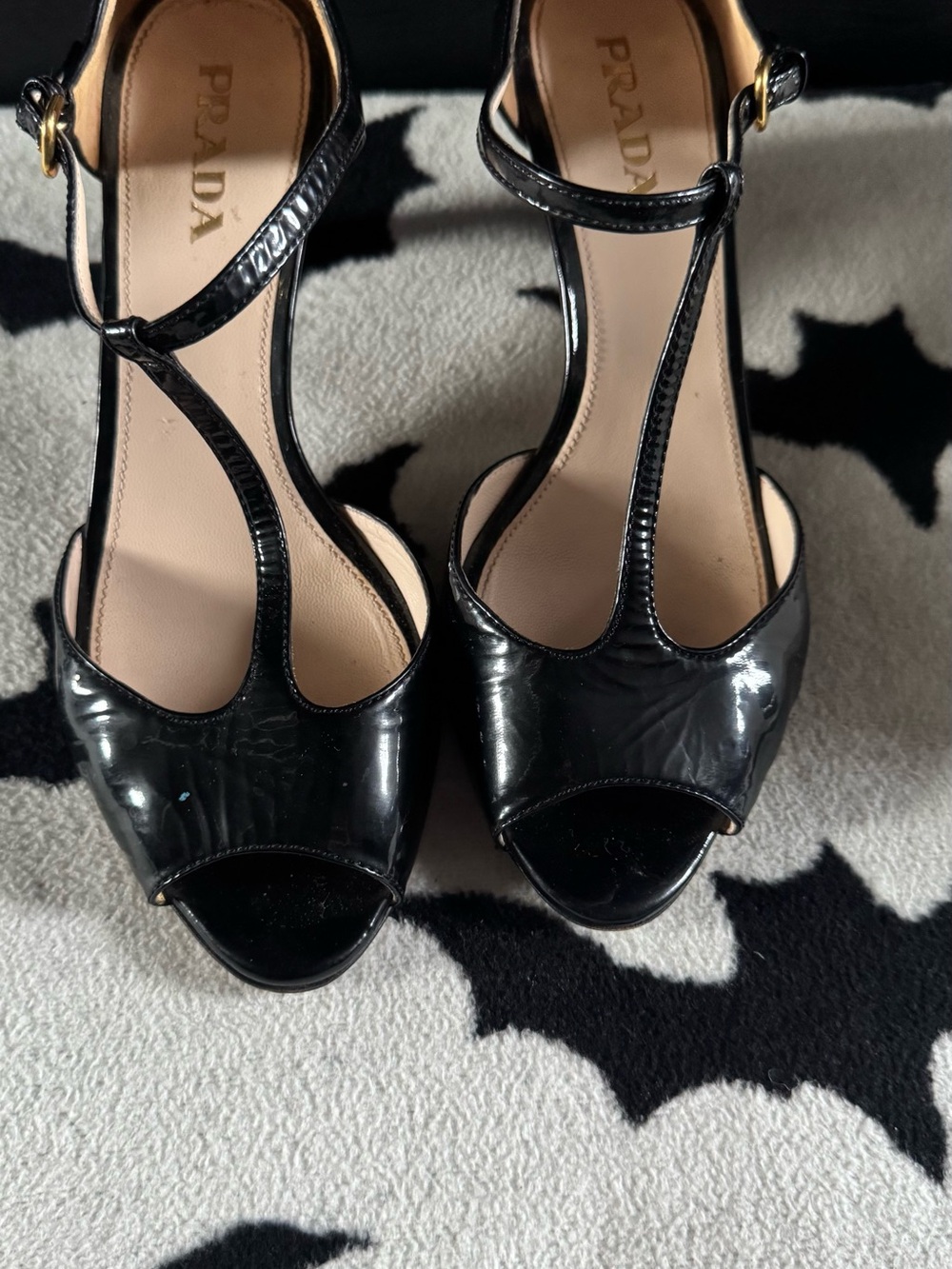 Prada Black Patent Leather T-Strap Peep Toe Heels - Picture 3 of 8
